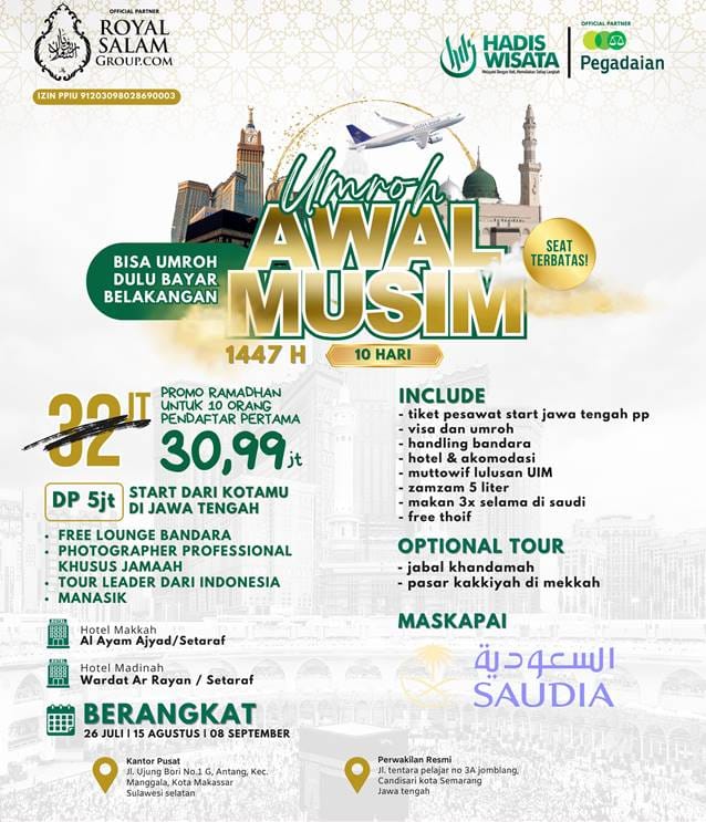 Paket Umroh Awal Musim 2025 1447H Hadis Wisata Royal Salam